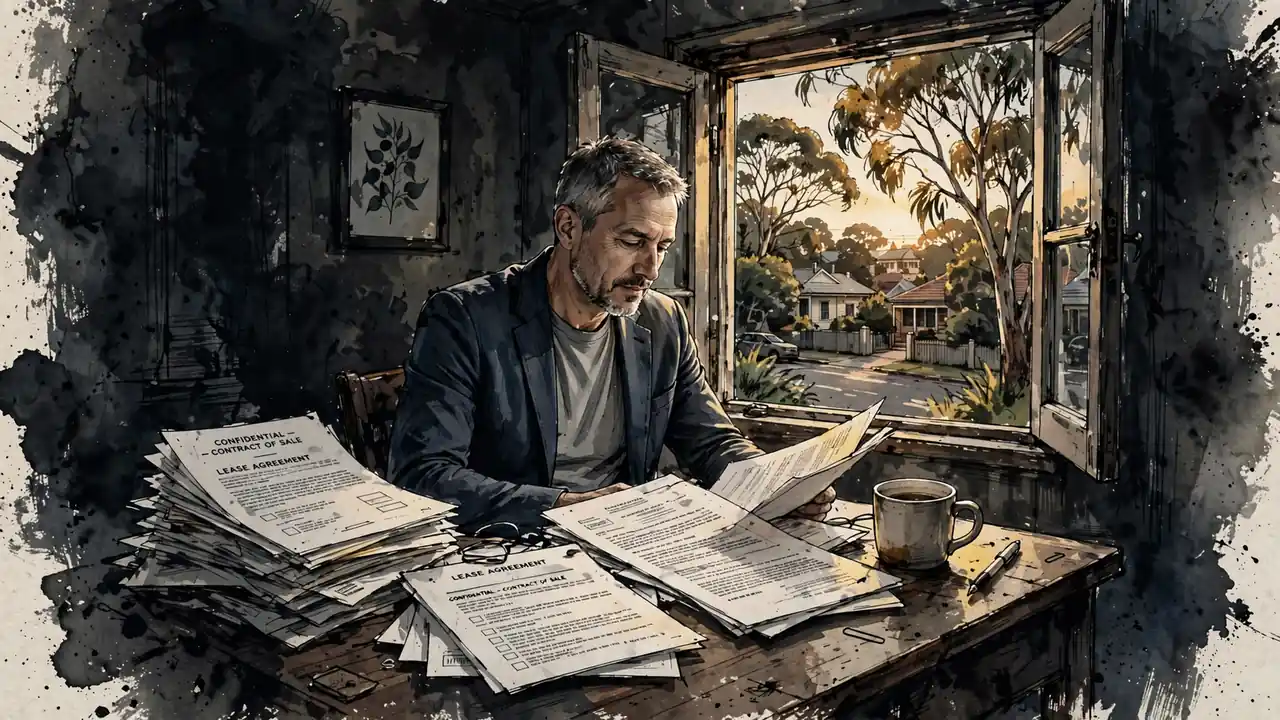 Australian man reviewing casino legal contracts at sunlit desk