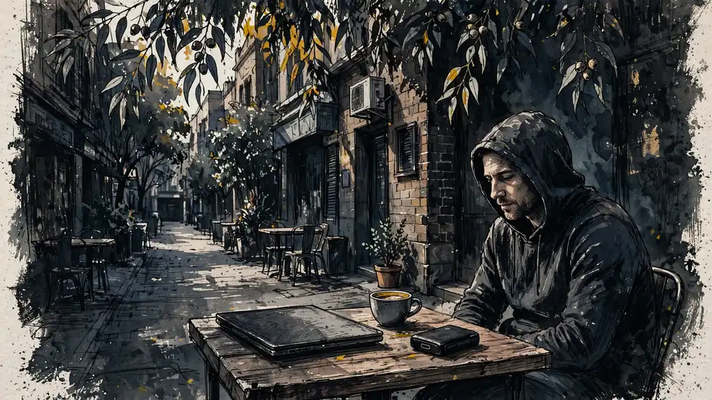 A hooded person at a Sydney laneway café with a laptop and hardware wallet.