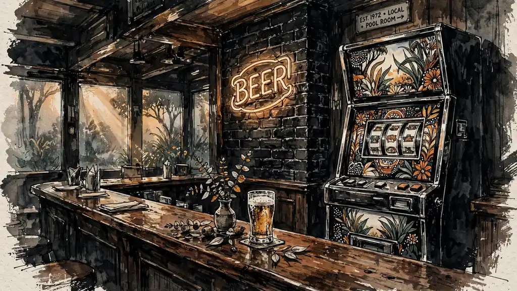 A pokie machine standing in a warmly lit Australian pub beside a wooden bar counter.