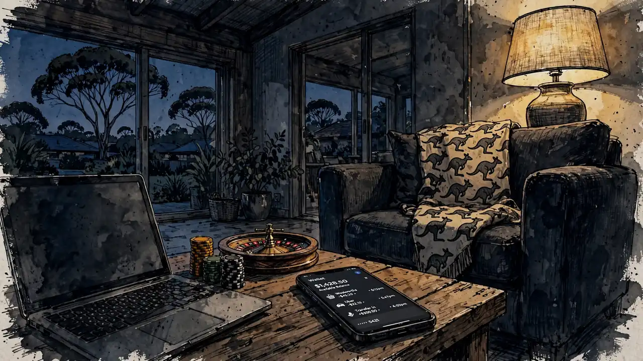 Australian living room scene blending crypto devices with casino chips and roulette wheel
