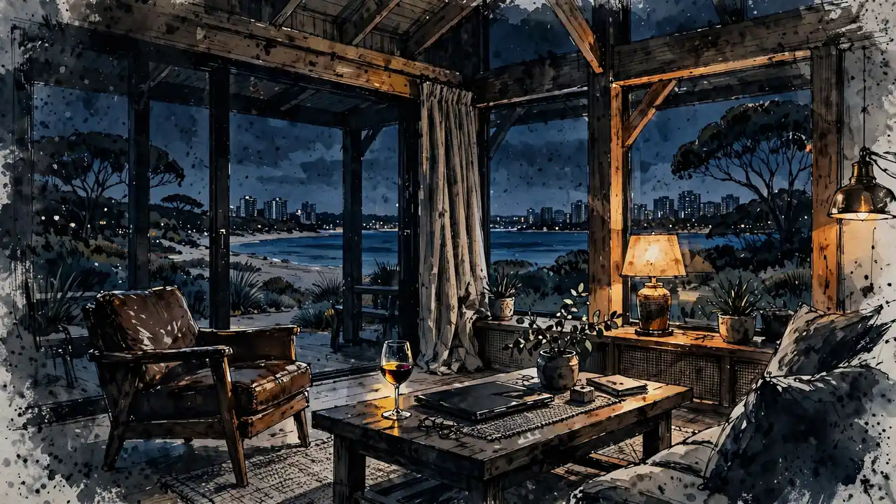 Australian coastal living room with ocean view at twilight