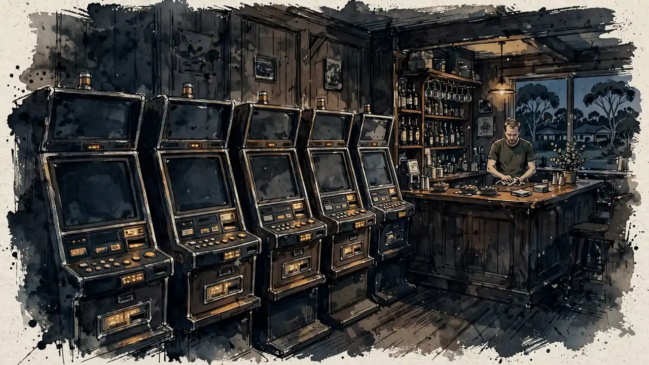 Row of pokies inside a Perth pub at dusk