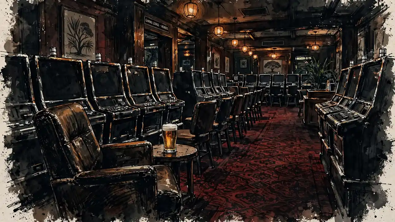 Australian club gaming lounge with rows of poker machines under warm lighting