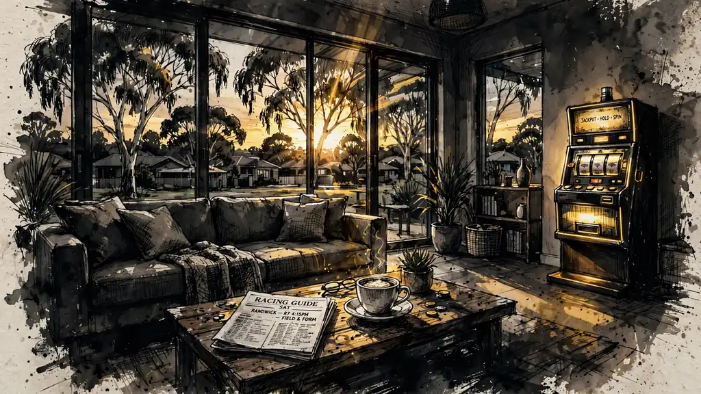 Modern Australian lounge with a slot machine, flat white coffee, and eucalyptus view at golden hour.