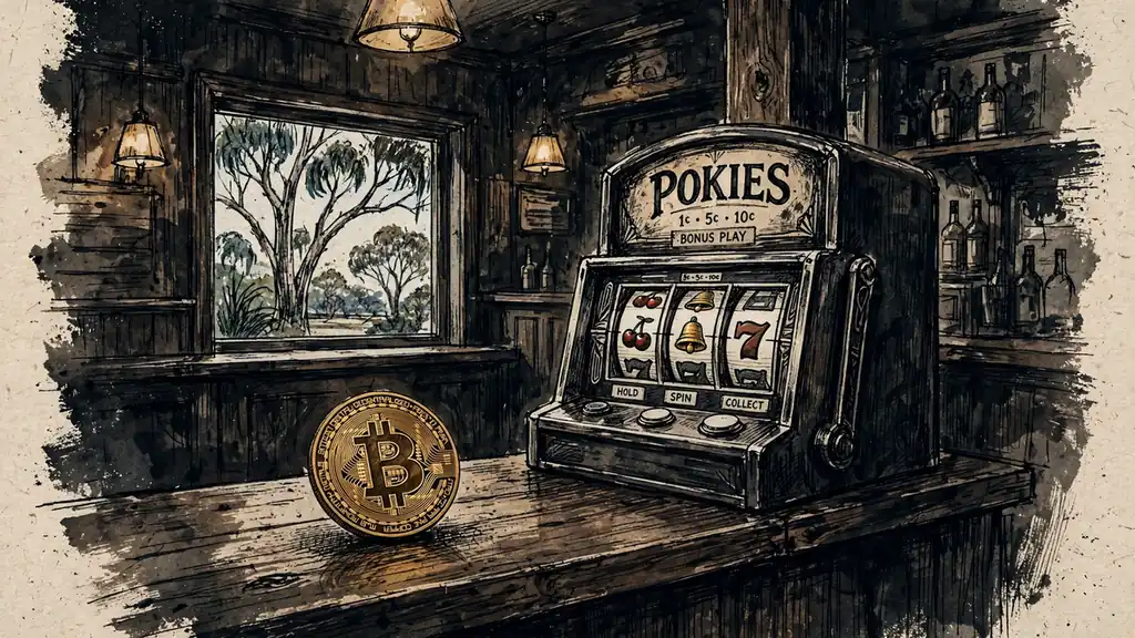 Bitcoin coin next to a pokies slot machine in an Australian pub.