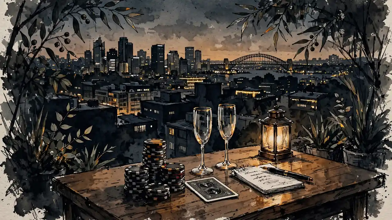 Rooftop casino evening scene with chips, card, and Australian city skyline at dusk.