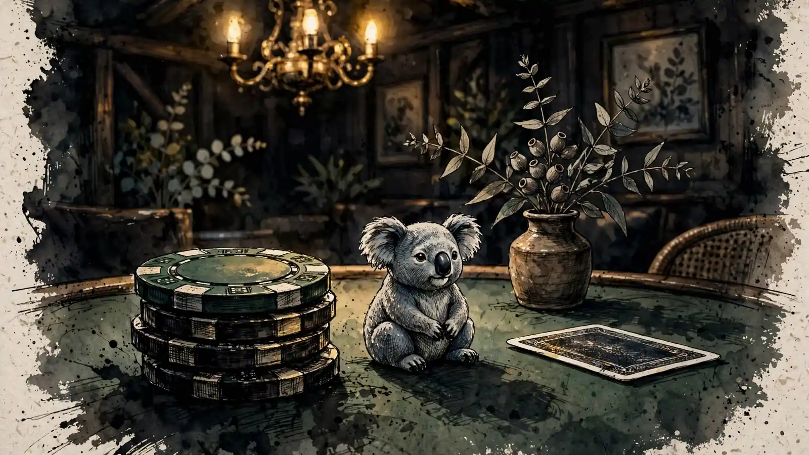 Casino chips on a green felt table with a koala figurine