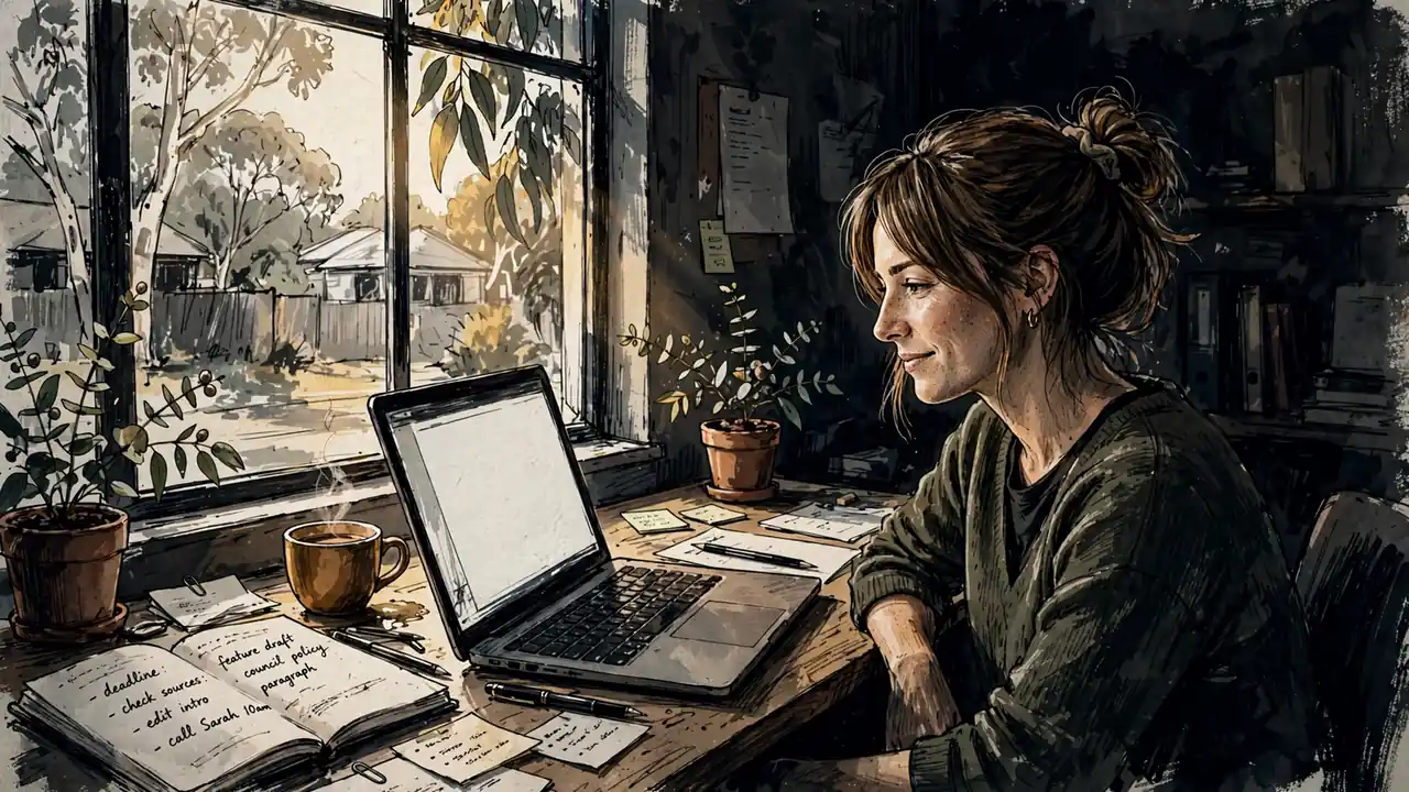 Editor at desk with laptop and coffee, warm morning light.