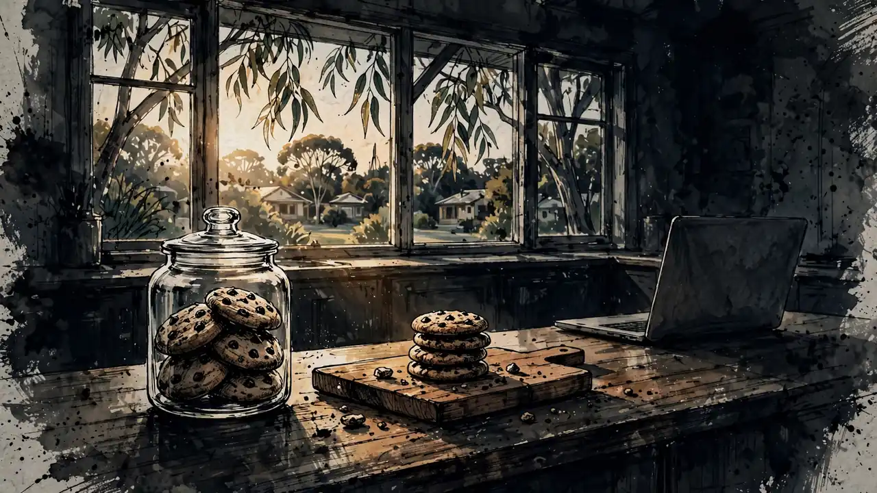 Glass jar of chocolate chip cookies on a wooden kitchen board in an Australian home.