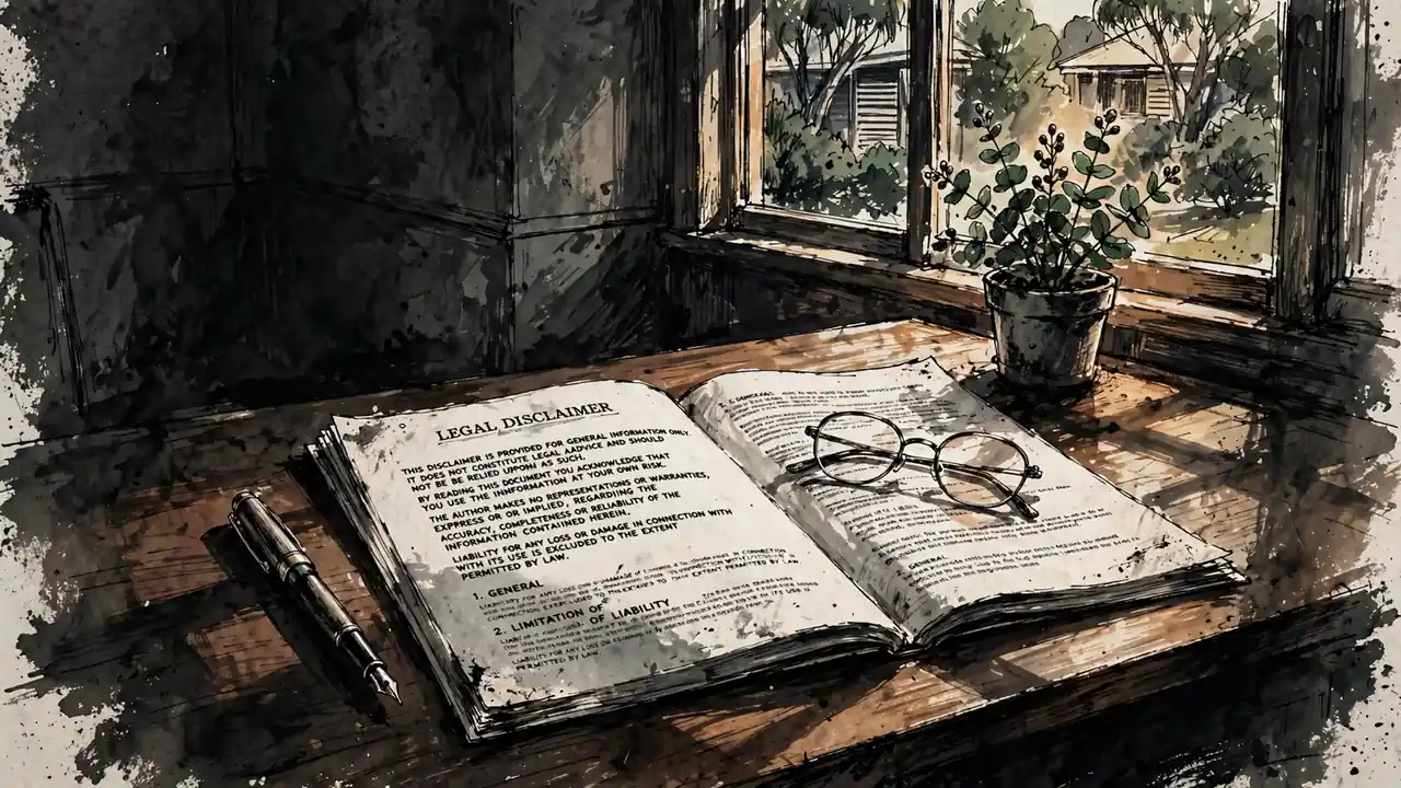 Open legal disclaimer document on a sunlit desk with reading glasses, fountain pen, and a small eucalyptus plant.