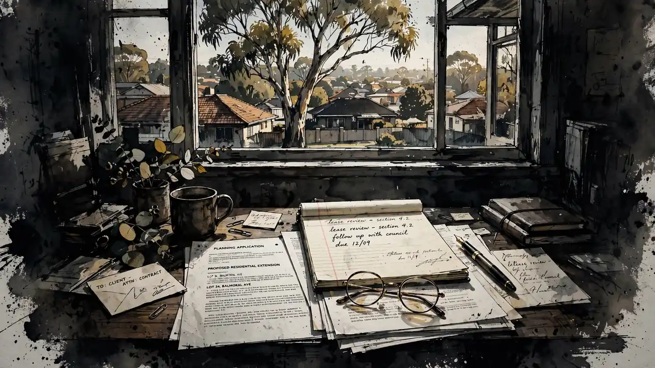 Australian home office desk with legal pad, pen, and glasses on documents