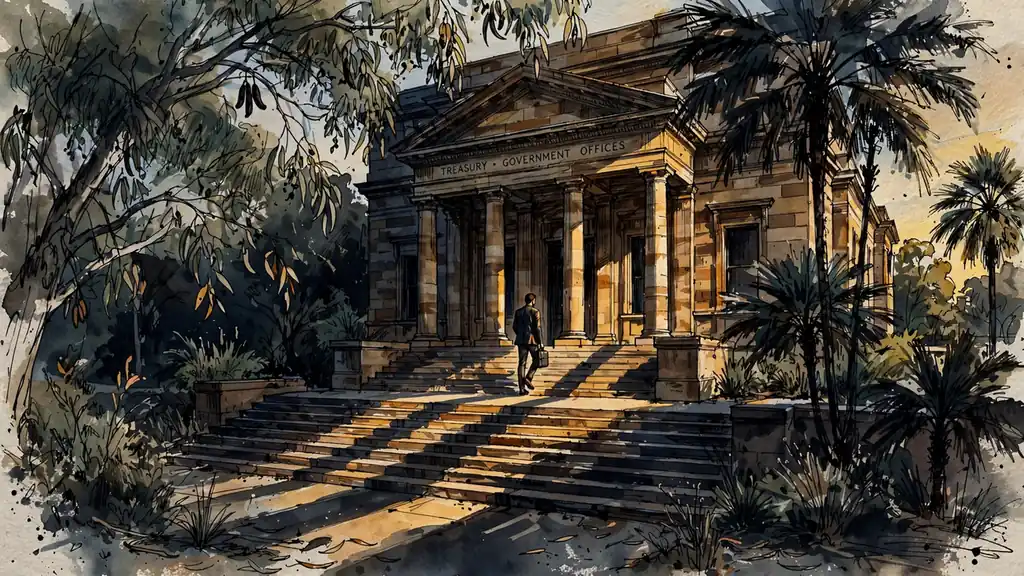 Australian sandstone government building with columned entrance, eucalyptus and palms in foreground.