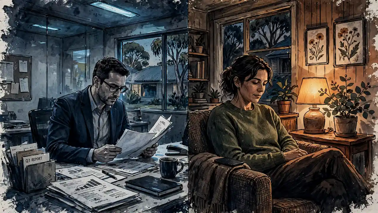 Split scene: business manager at office desk and person relaxing at home with phone.