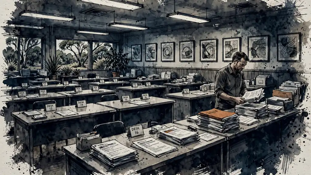 Administrative office interior with staff stacking printed reports under overhead lighting.