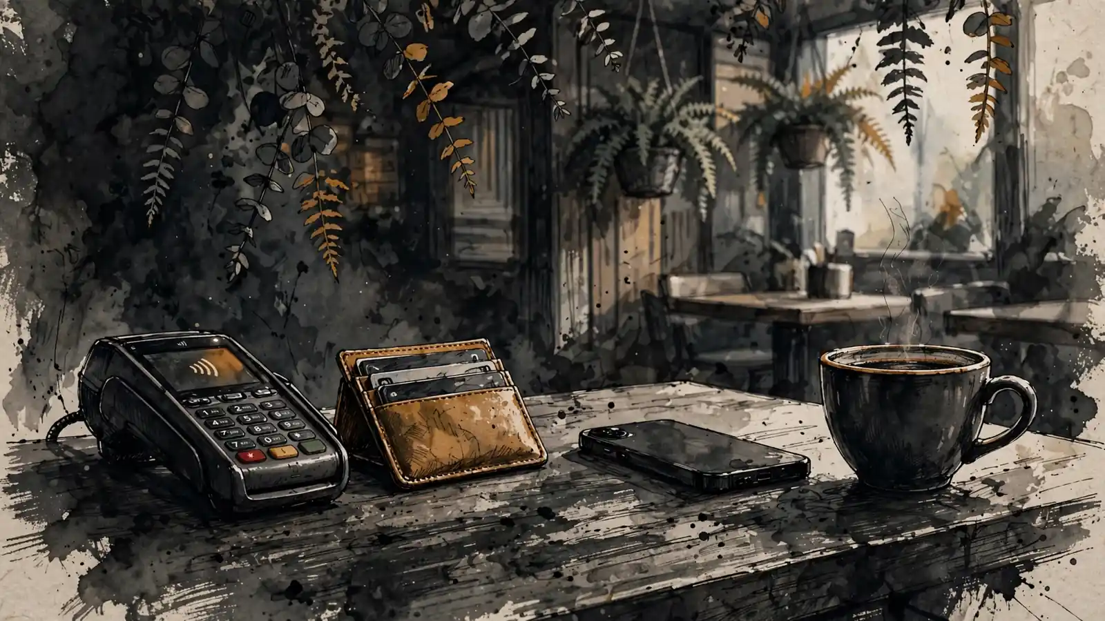 Payment terminal, cards and coffee cup on a cafe table in Australia.