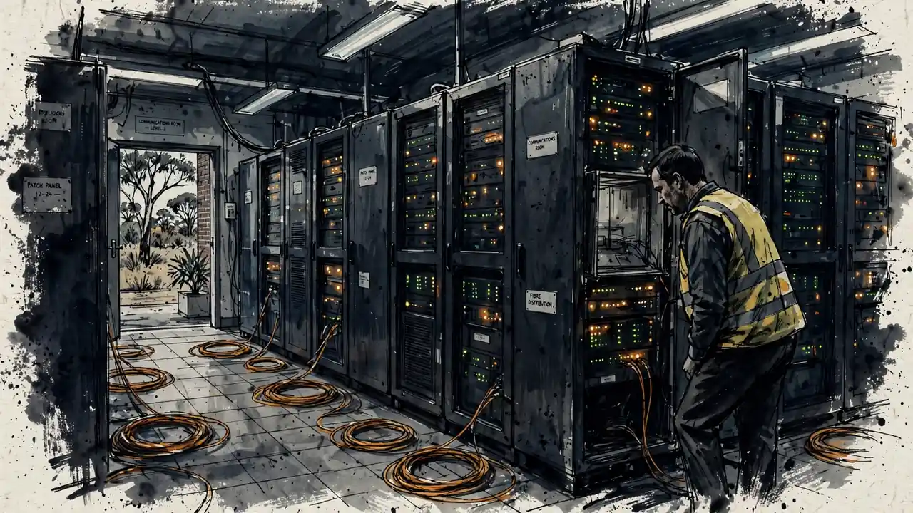 Telecommunications equipment room with server racks, fiber optic cables and a technician.