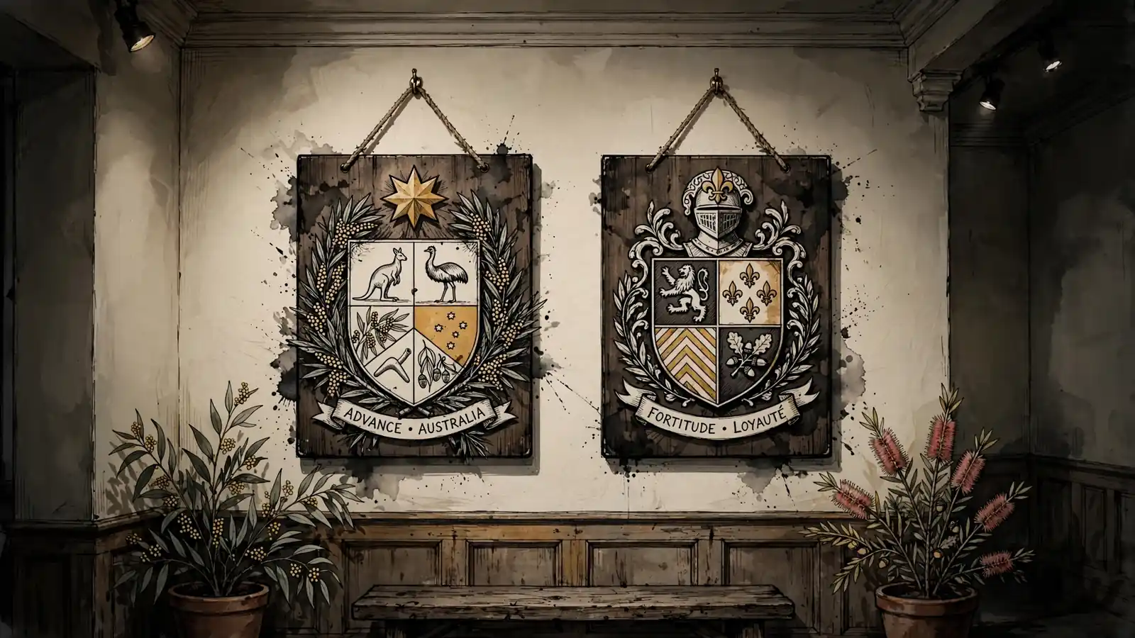 Two wooden plaques with stylized heraldic crests hanging on a wall.