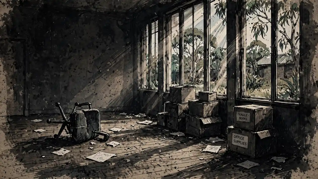 Empty Australian office with stacked cardboard boxes, overturned chair, and scattered papers.