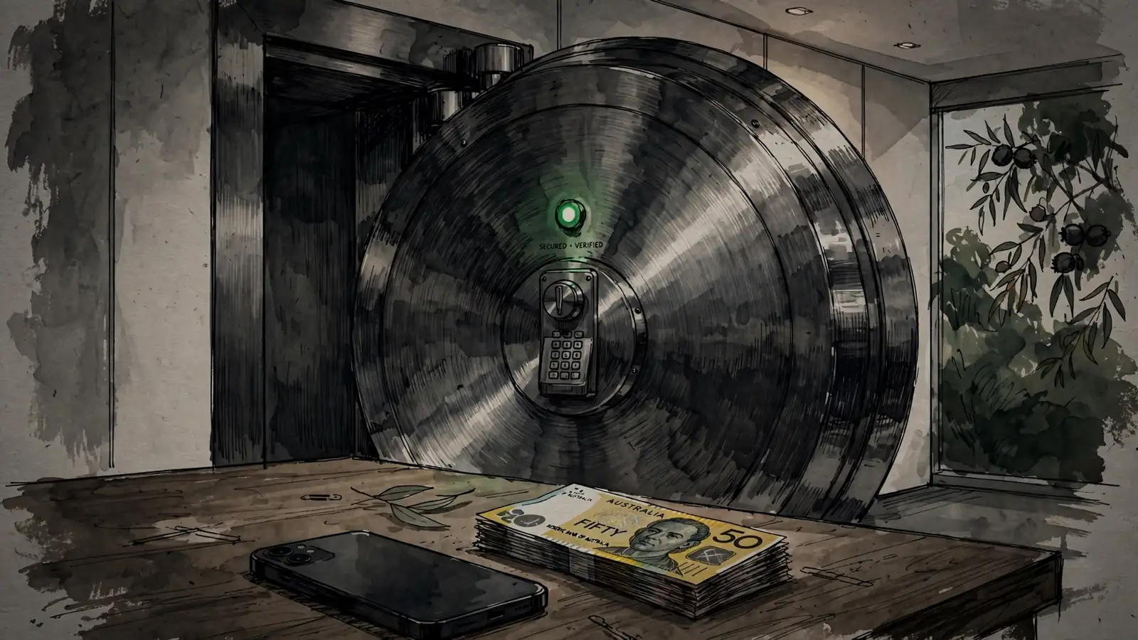 Steel vault with glowing green light, phone and Australian banknotes on desk