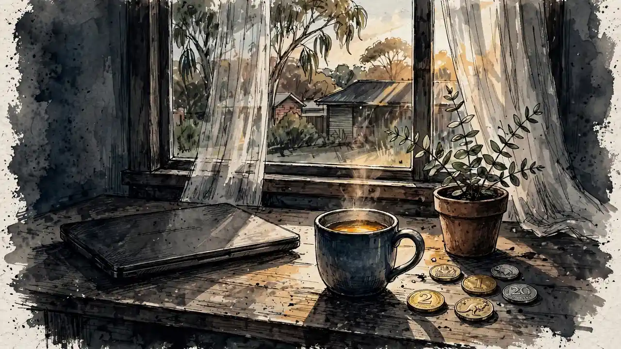 Closed laptop on a calm home desk with tea and eucalyptus plant in afternoon light.