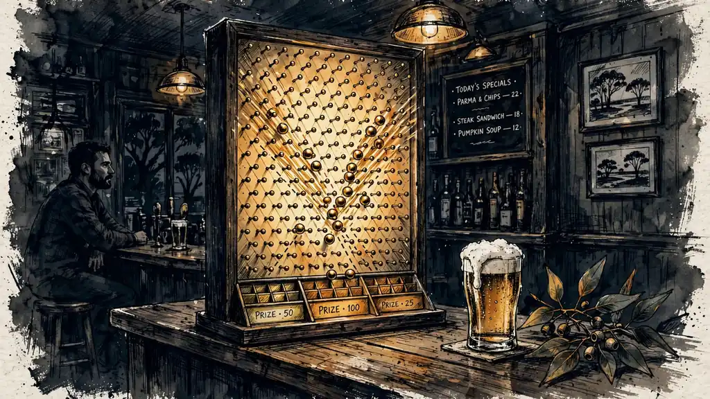 Glowing Plinko pegboard with bouncing balls at an Australian pub counter.