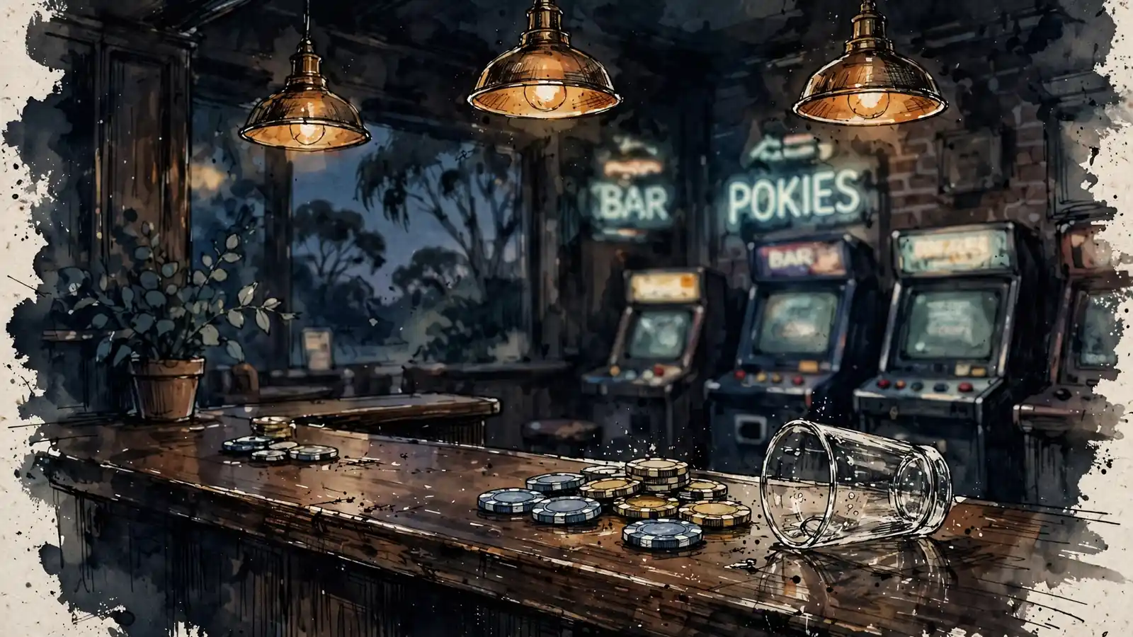 Australian pub interior with chips and soft amber lighting at dusk