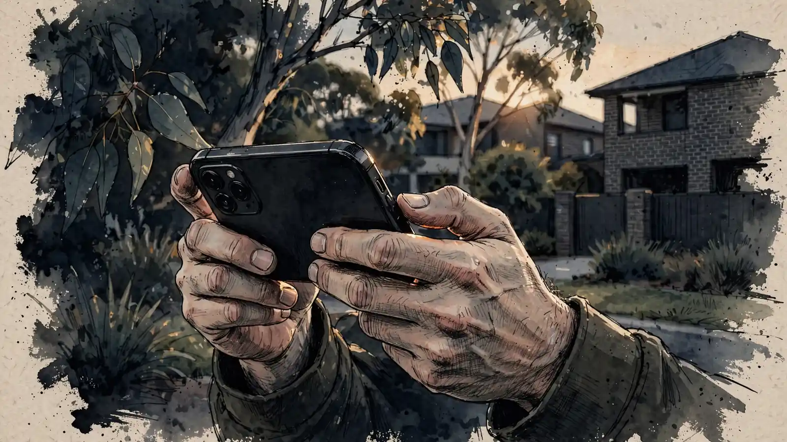 Hands holding a smartphone in an Australian suburb, screen turned away, suggesting privacy.
