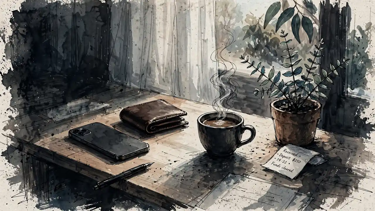 Smartphone, wallet, coffee, and eucalyptus on a sunlit Australian desk.