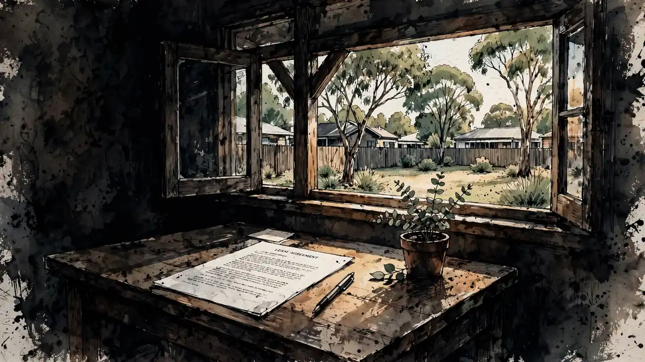 Document on a desk with a pen and eucalyptus plant, Australian home office