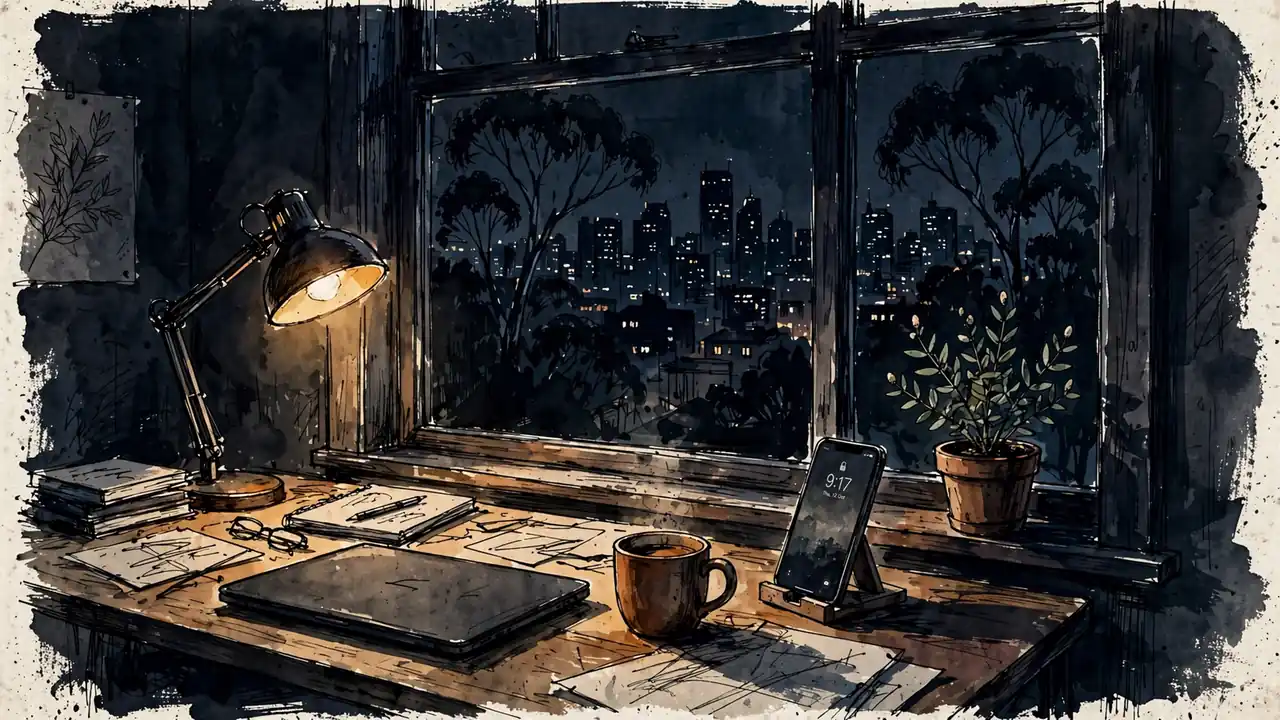 Australian home office at night with closed laptop and smartphone on desk